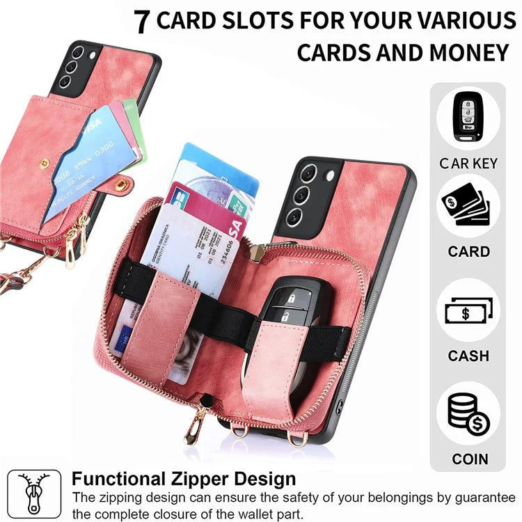 D3 For Samsung Galaxy S22 5G Case Zipper Wallet Retro Leather+TPU+PC Crossbody Phone Cover