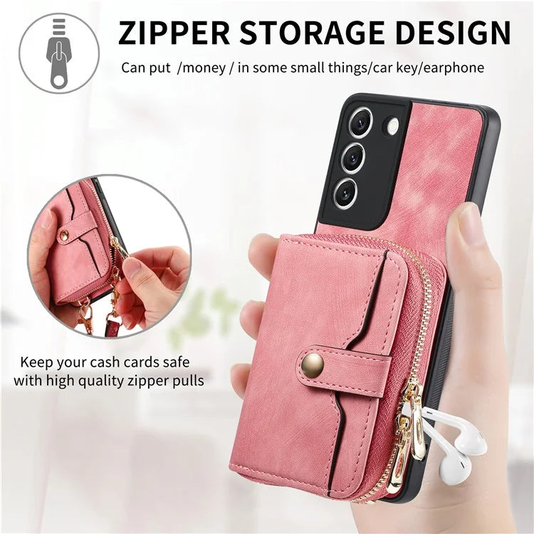 D3 For Samsung Galaxy S22 5G Case Zipper Wallet Retro Leather+TPU+PC Crossbody Phone Cover