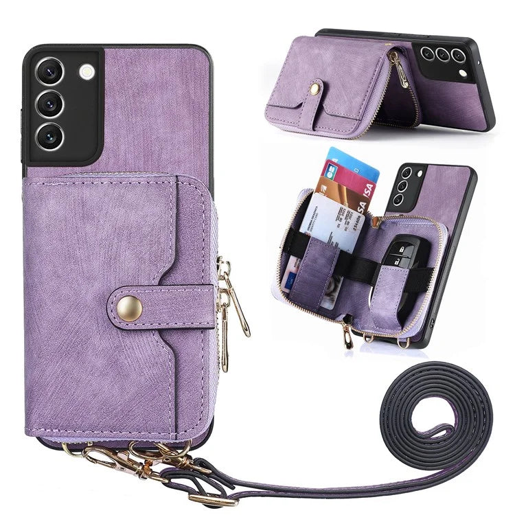 D3 For Samsung Galaxy S22 5G Case Zipper Wallet Retro Leather+TPU+PC Crossbody Phone Cover