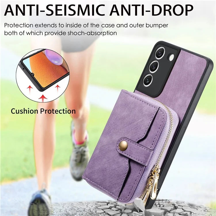 D3 For Samsung Galaxy S22 5G Case Zipper Wallet Retro Leather+TPU+PC Crossbody Phone Cover