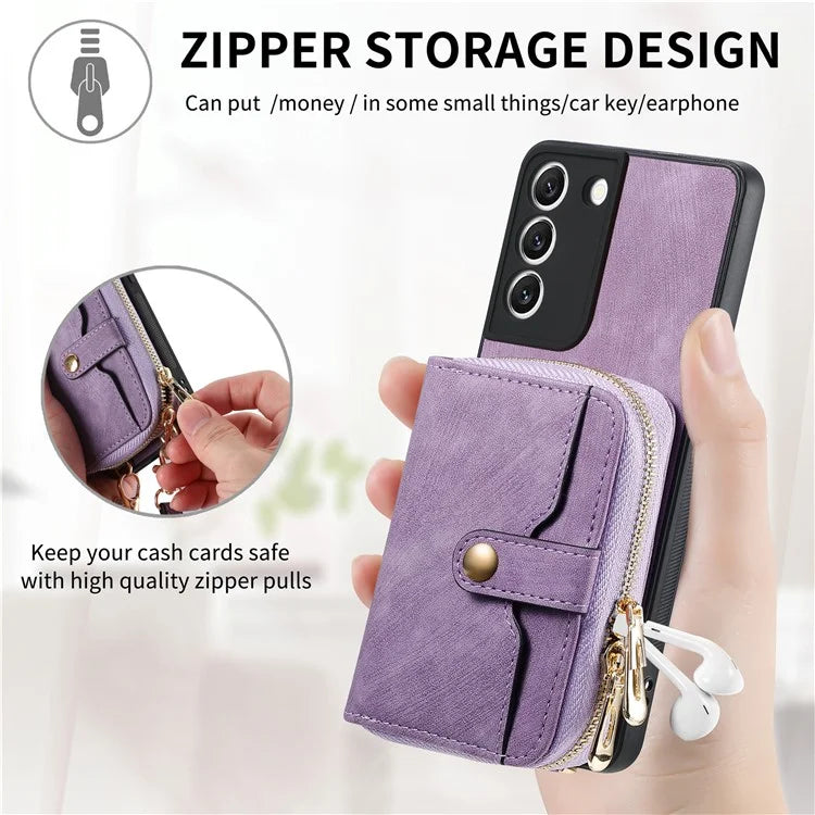 D3 For Samsung Galaxy S22 5G Case Zipper Wallet Retro Leather+TPU+PC Crossbody Phone Cover
