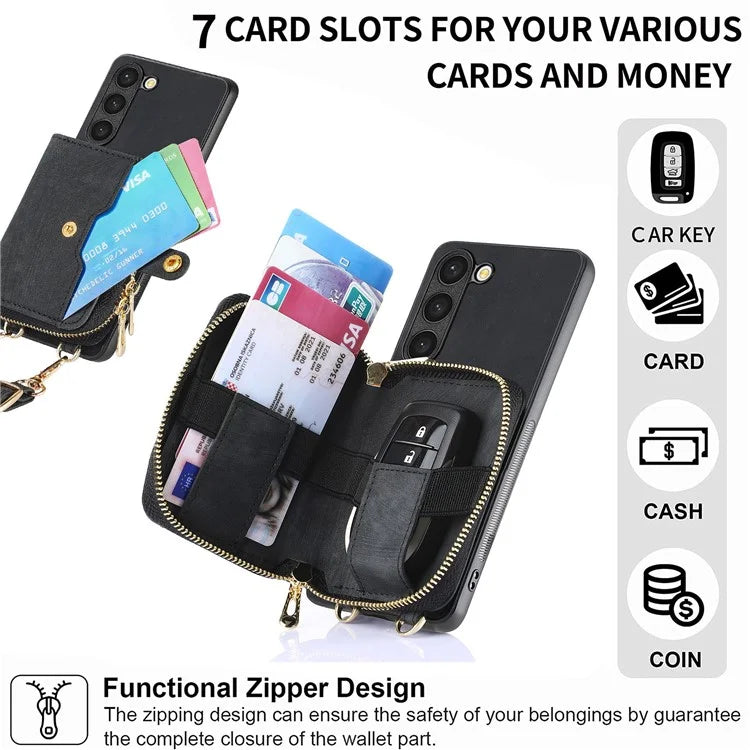 D3 For Samsung Galaxy S23+ Cell Phone Case Zipper Pocket Kickstand Cover with Long Strap