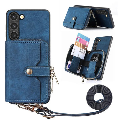D3 For Samsung Galaxy S23+ Cell Phone Case Zipper Pocket Kickstand Cover with Long Strap