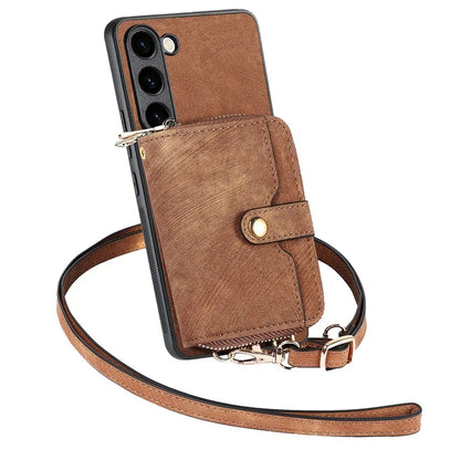 D3 For Samsung Galaxy S23+ Cell Phone Case Zipper Pocket Kickstand Cover with Long Strap