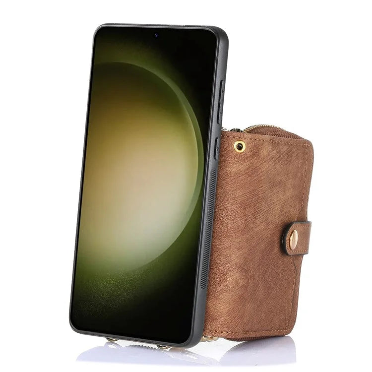 D3 For Samsung Galaxy S23+ Cell Phone Case Zipper Pocket Kickstand Cover with Long Strap
