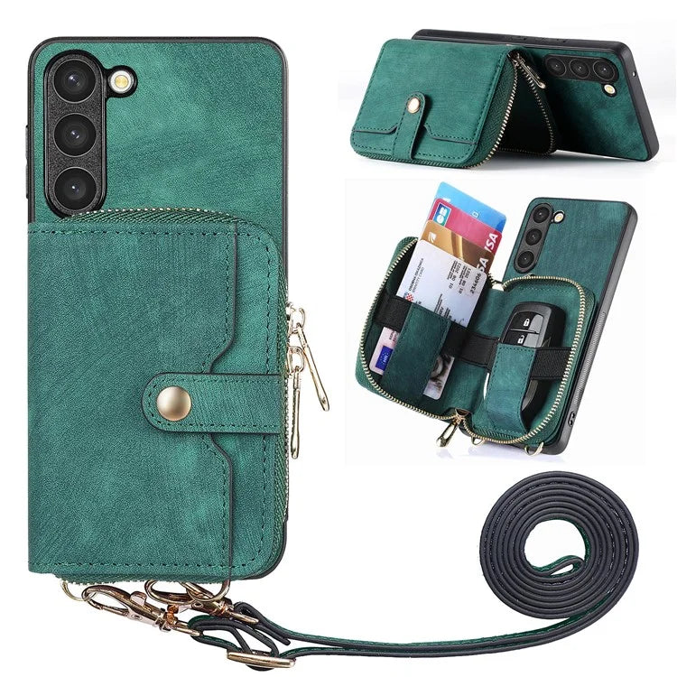 D3 For Samsung Galaxy S23+ Cell Phone Case Zipper Pocket Kickstand Cover with Long Strap