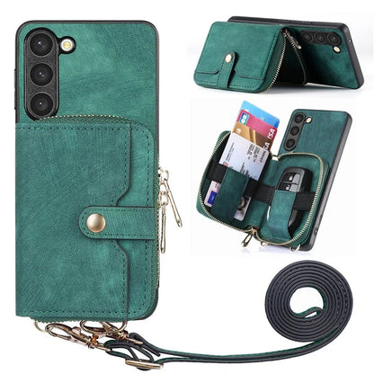 D3 For Samsung Galaxy S23+ Cell Phone Case Zipper Pocket Kickstand Cover with Long Strap