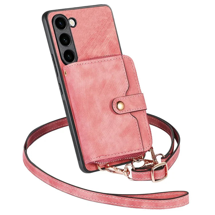 D3 For Samsung Galaxy S23+ Cell Phone Case Zipper Pocket Kickstand Cover with Long Strap