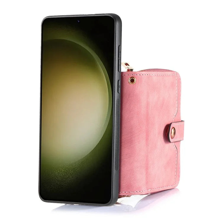 D3 For Samsung Galaxy S23+ Cell Phone Case Zipper Pocket Kickstand Cover with Long Strap