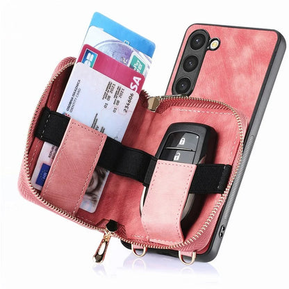 D3 For Samsung Galaxy S23+ Cell Phone Case Zipper Pocket Kickstand Cover with Long Strap