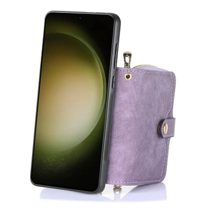 D3 For Samsung Galaxy S23+ Cell Phone Case Zipper Pocket Kickstand Cover with Long Strap