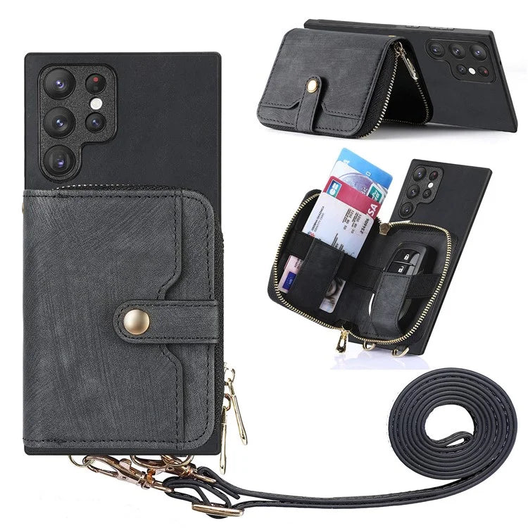 D3 Retro Phone Shell for Samsung Galaxy S23 Ultra PU Leather+PC+TPU Phone Case Zipper Wallet