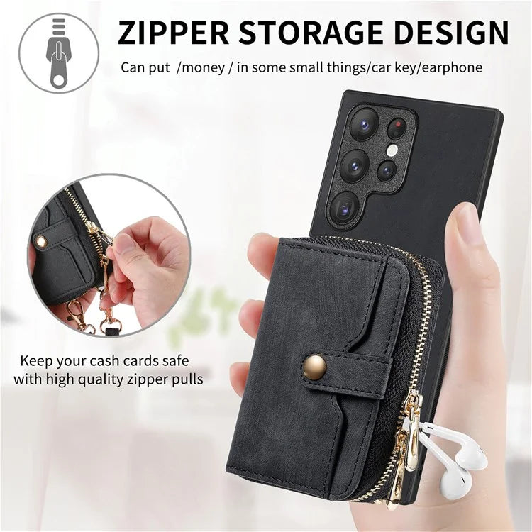 D3 Retro Phone Shell for Samsung Galaxy S23 Ultra PU Leather+PC+TPU Phone Case Zipper Wallet