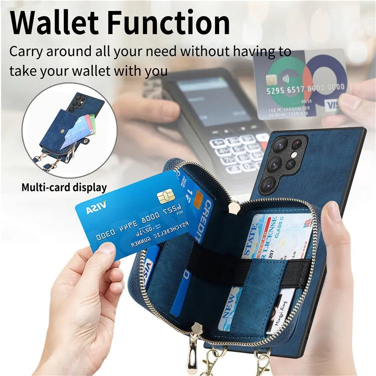 D3 Retro Phone Shell for Samsung Galaxy S23 Ultra PU Leather+PC+TPU Phone Case Zipper Wallet