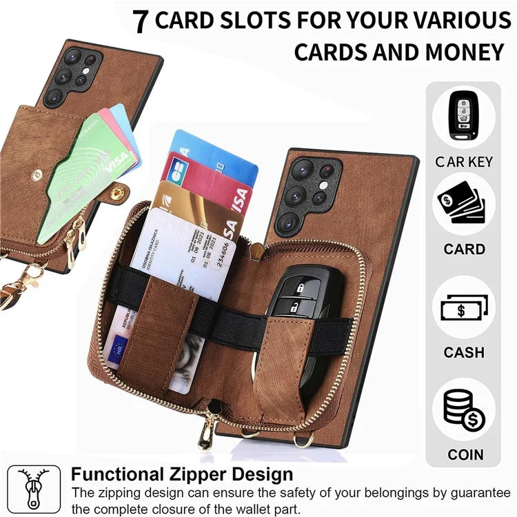 D3 Retro Phone Shell for Samsung Galaxy S23 Ultra PU Leather+PC+TPU Phone Case Zipper Wallet