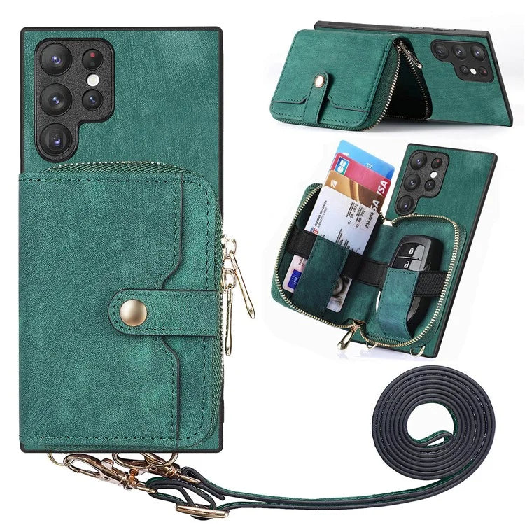 D3 Retro Phone Shell for Samsung Galaxy S23 Ultra PU Leather+PC+TPU Phone Case Zipper Wallet