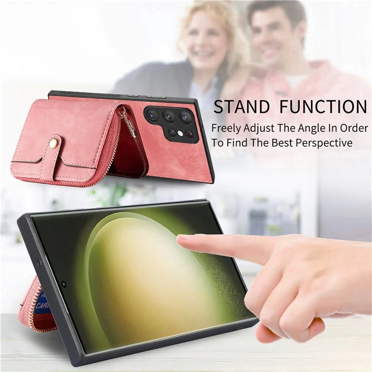 D3 Retro Phone Shell for Samsung Galaxy S23 Ultra PU Leather+PC+TPU Phone Case Zipper Wallet