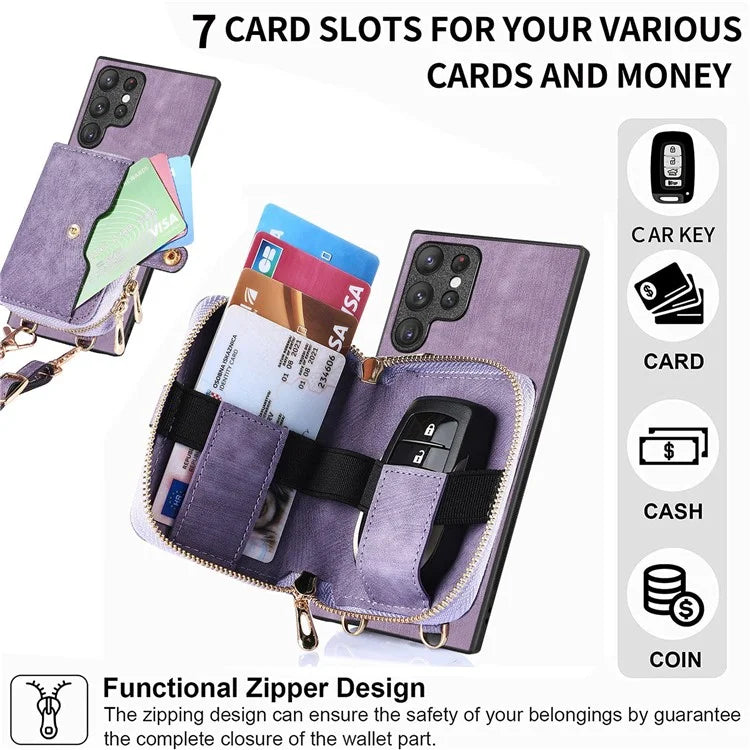 D3 Retro Phone Shell for Samsung Galaxy S23 Ultra PU Leather+PC+TPU Phone Case Zipper Wallet