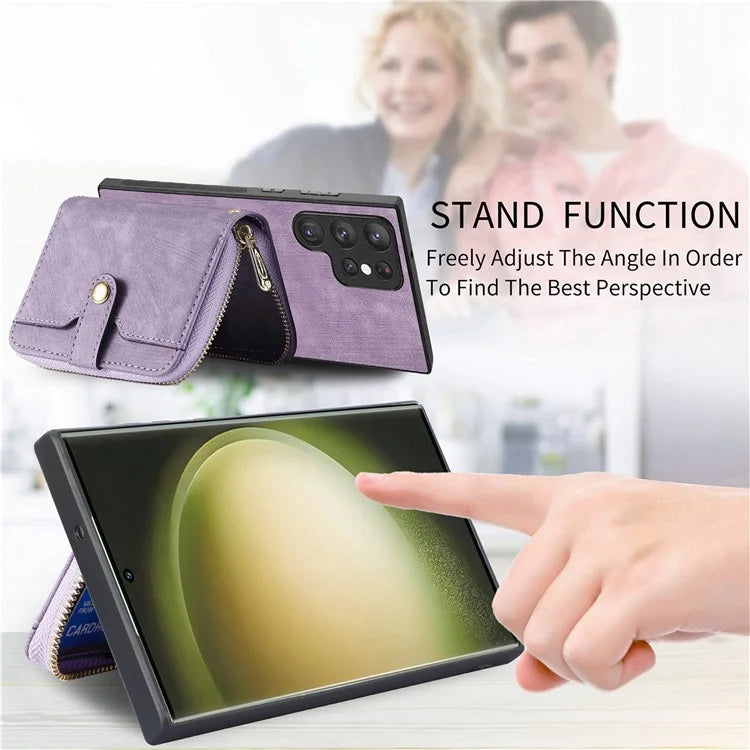 D3 Retro Phone Shell for Samsung Galaxy S23 Ultra PU Leather+PC+TPU Phone Case Zipper Wallet