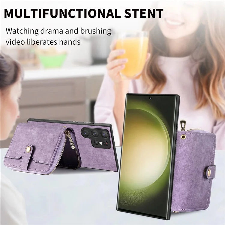 D3 Retro Phone Shell for Samsung Galaxy S23 Ultra PU Leather+PC+TPU Phone Case Zipper Wallet
