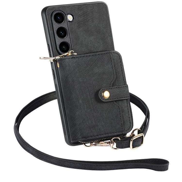 D3 for Samsung Galaxy S23 Zipper Pocket Case Drop Proof Leather+TPU+PC Crossbody Phone Cover