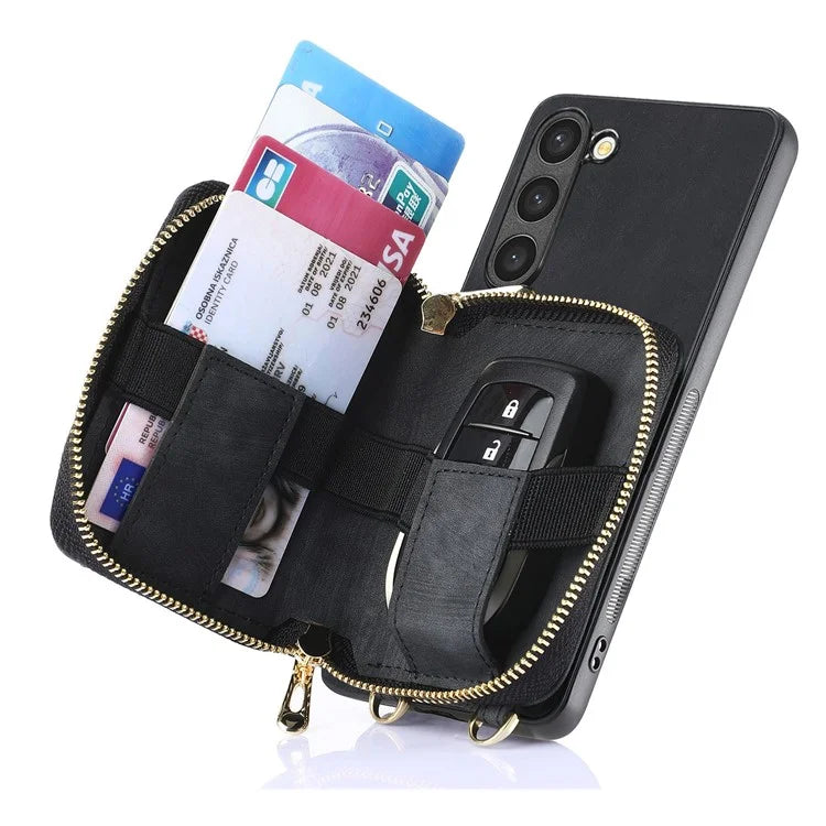 D3 for Samsung Galaxy S23 Zipper Pocket Case Drop Proof Leather+TPU+PC Crossbody Phone Cover