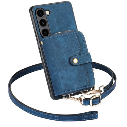 D3 for Samsung Galaxy S23 Zipper Pocket Case Drop Proof Leather+TPU+PC Crossbody Phone Cover
