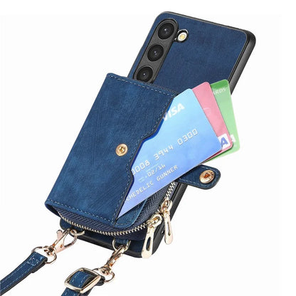 D3 for Samsung Galaxy S23 Zipper Pocket Case Drop Proof Leather+TPU+PC Crossbody Phone Cover