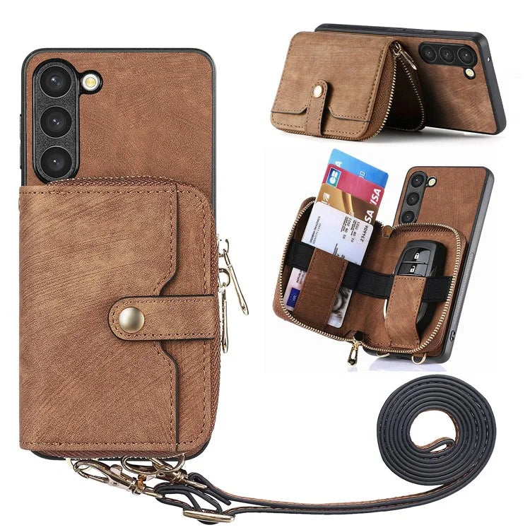 D3 for Samsung Galaxy S23 Zipper Pocket Case Drop Proof Leather+TPU+PC Crossbody Phone Cover