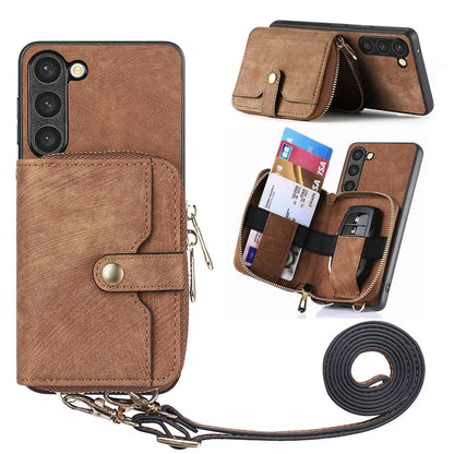 D3 for Samsung Galaxy S23 Zipper Pocket Case Drop Proof Leather+TPU+PC Crossbody Phone Cover