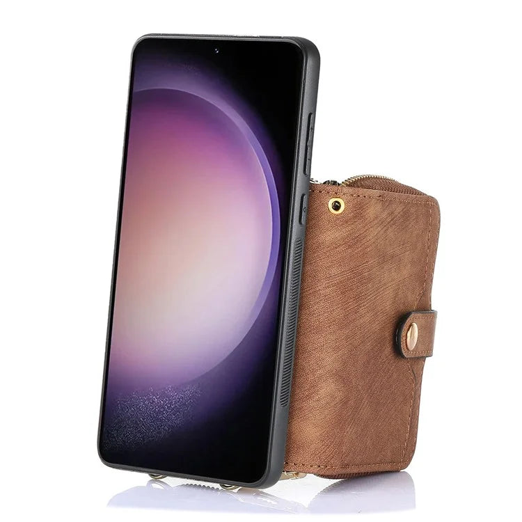 D3 for Samsung Galaxy S23 Zipper Pocket Case Drop Proof Leather+TPU+PC Crossbody Phone Cover