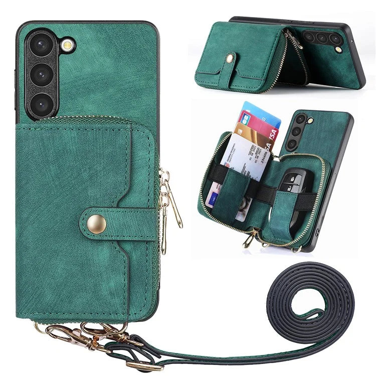 D3 for Samsung Galaxy S23 Zipper Pocket Case Drop Proof Leather+TPU+PC Crossbody Phone Cover