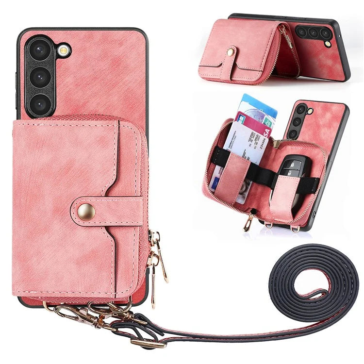 D3 for Samsung Galaxy S23 Zipper Pocket Case Drop Proof Leather+TPU+PC Crossbody Phone Cover