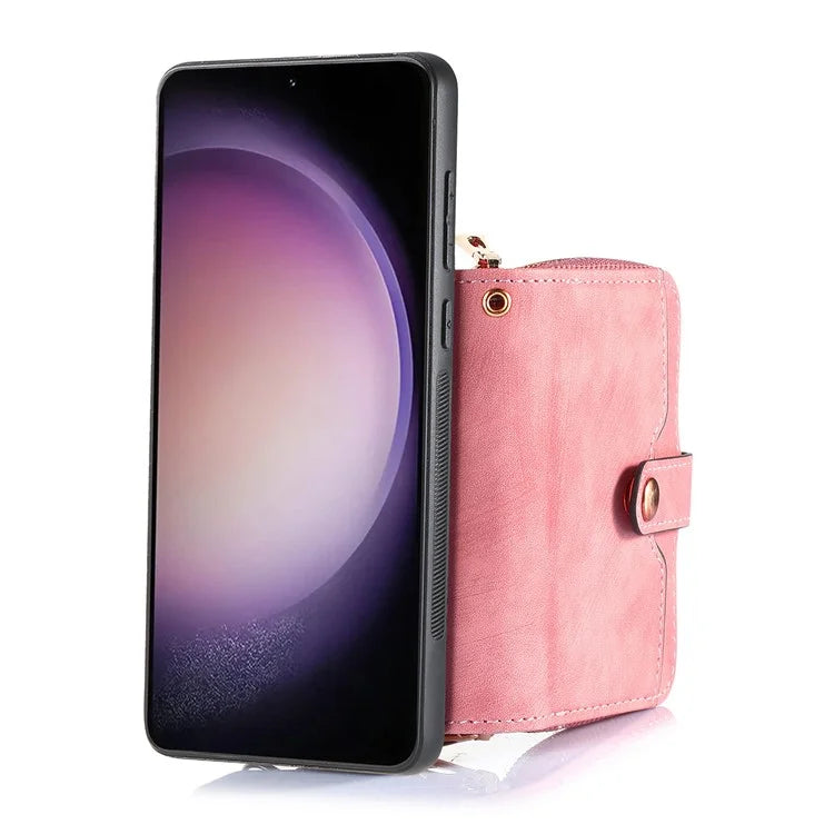 D3 for Samsung Galaxy S23 Zipper Pocket Case Drop Proof Leather+TPU+PC Crossbody Phone Cover