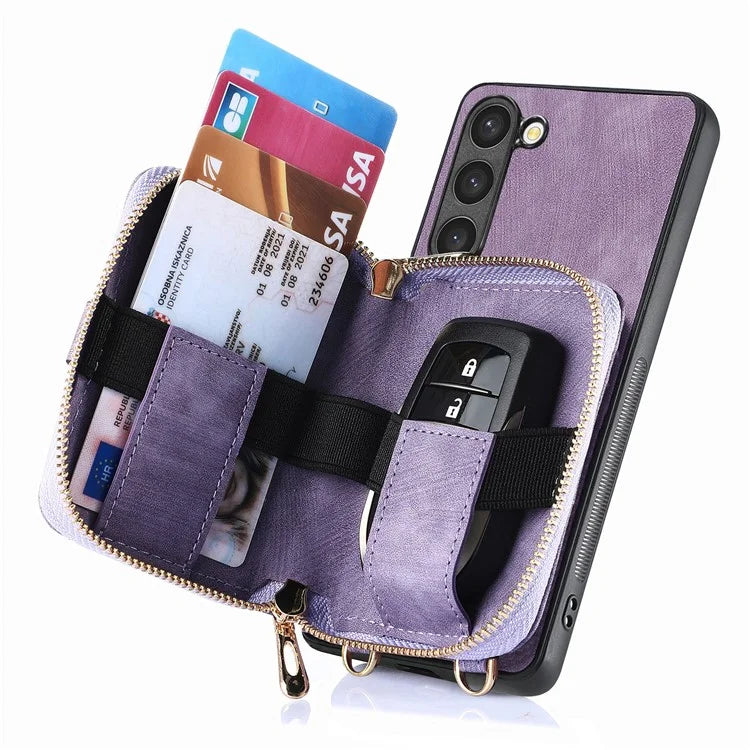 D3 for Samsung Galaxy S23 Zipper Pocket Case Drop Proof Leather+TPU+PC Crossbody Phone Cover