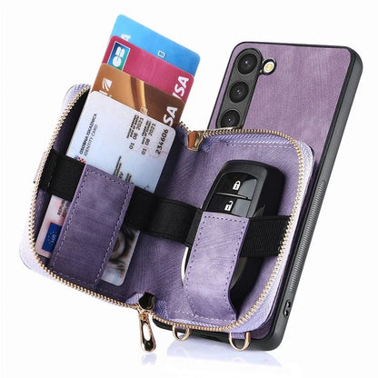 D3 for Samsung Galaxy S23 Zipper Pocket Case Drop Proof Leather+TPU+PC Crossbody Phone Cover