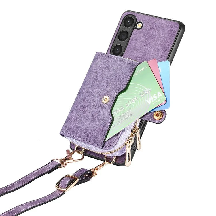 D3 for Samsung Galaxy S23 Zipper Pocket Case Drop Proof Leather+TPU+PC Crossbody Phone Cover