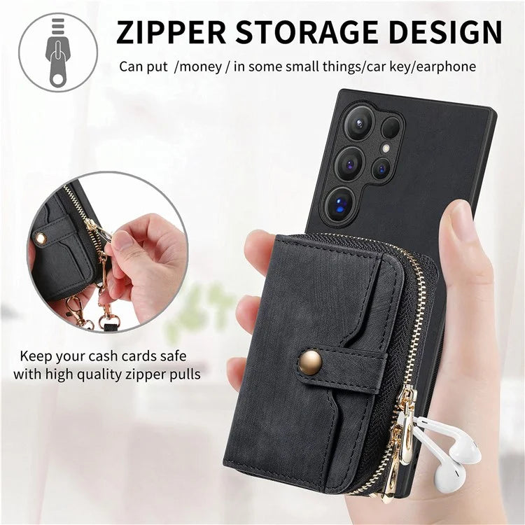 D3 For Samsung Galaxy S24 Ultra Cell Phone Case Card Holder Zipper Wallet Leather+TPU+PC Cover