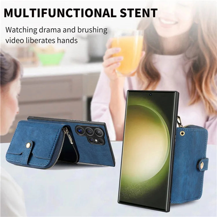 D3 For Samsung Galaxy S24 Ultra Cell Phone Case Card Holder Zipper Wallet Leather+TPU+PC Cover