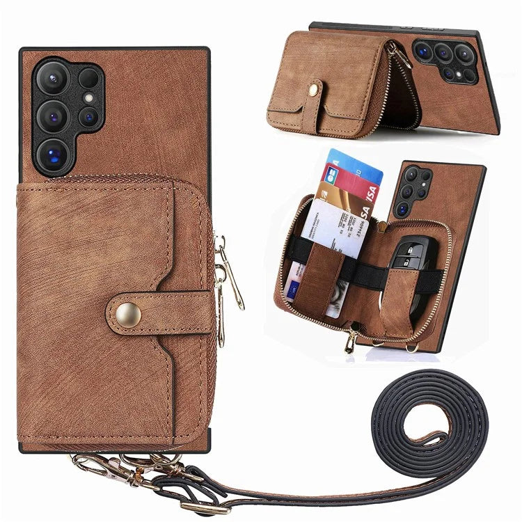 D3 For Samsung Galaxy S24 Ultra Cell Phone Case Card Holder Zipper Wallet Leather+TPU+PC Cover