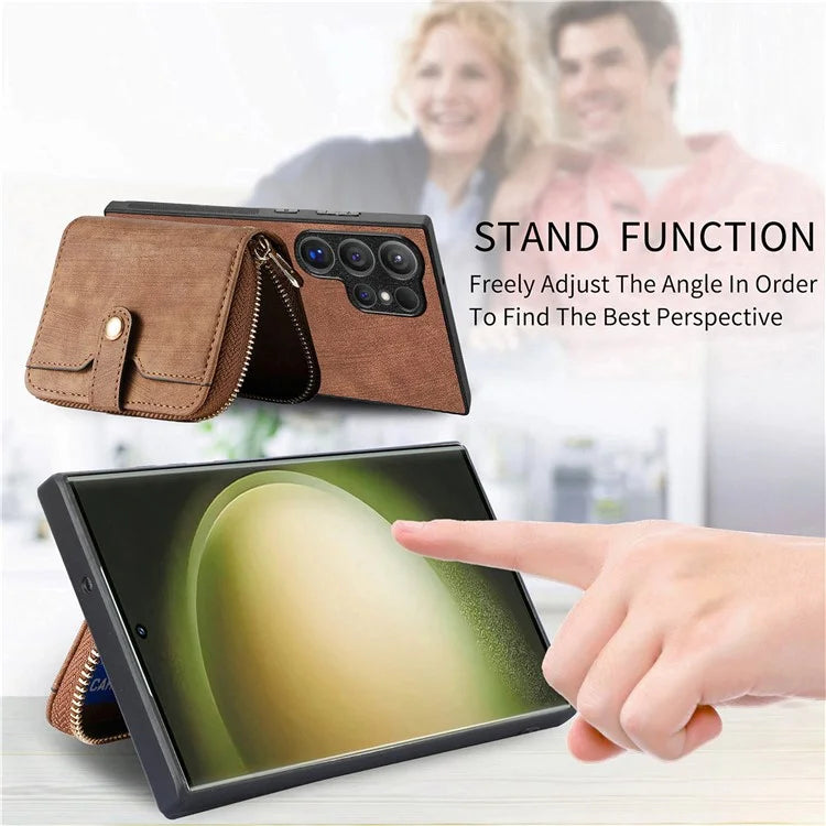 D3 For Samsung Galaxy S24 Ultra Cell Phone Case Card Holder Zipper Wallet Leather+TPU+PC Cover