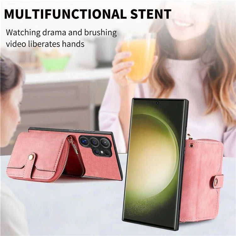 D3 For Samsung Galaxy S24 Ultra Cell Phone Case Card Holder Zipper Wallet Leather+TPU+PC Cover