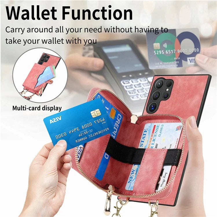 D3 For Samsung Galaxy S24 Ultra Cell Phone Case Card Holder Zipper Wallet Leather+TPU+PC Cover