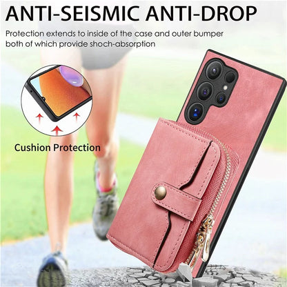 D3 For Samsung Galaxy S24 Ultra Cell Phone Case Card Holder Zipper Wallet Leather+TPU+PC Cover