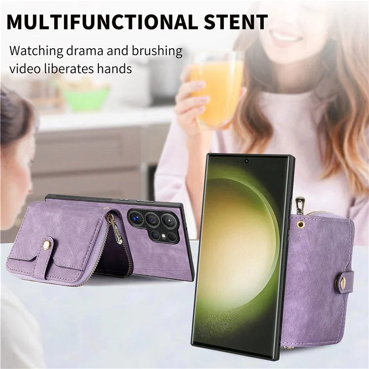 D3 For Samsung Galaxy S24 Ultra Cell Phone Case Card Holder Zipper Wallet Leather+TPU+PC Cover