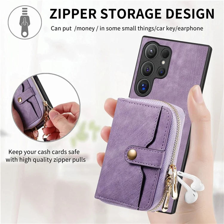 D3 For Samsung Galaxy S24 Ultra Cell Phone Case Card Holder Zipper Wallet Leather+TPU+PC Cover