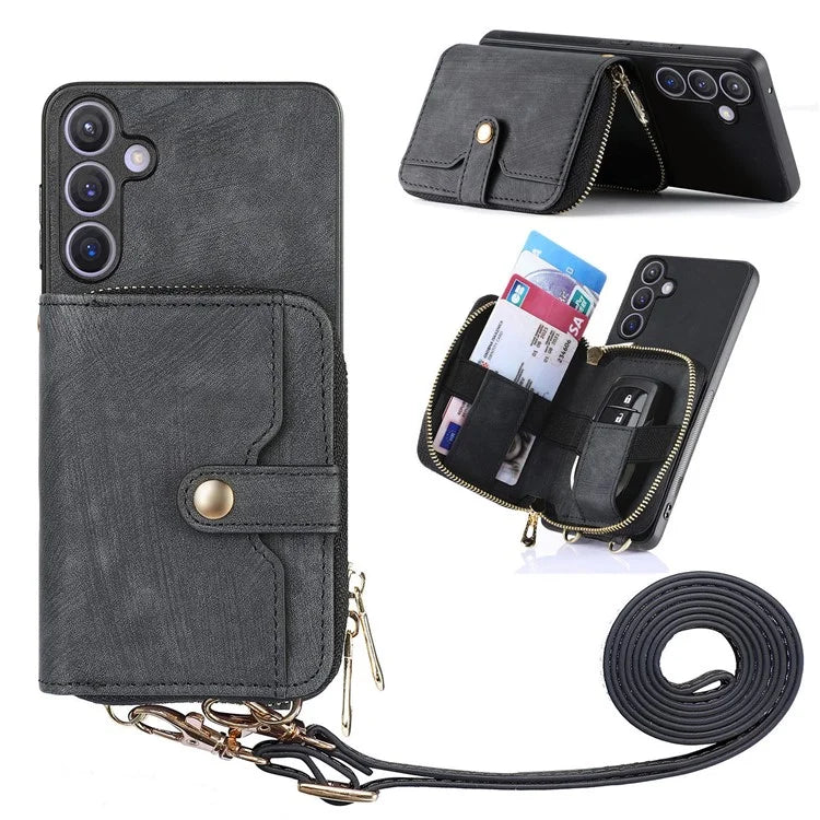 D3 Zipper Pocket Wallet Shell for Samsung Galaxy S24+ PU Leather+PC+TPU Phone Case Retro Cover