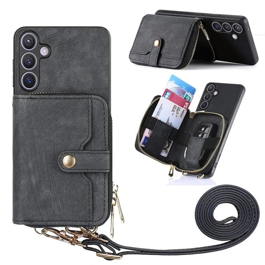 D3 Zipper Pocket Wallet Shell for Samsung Galaxy S24+ PU Leather+PC+TPU Phone Case Retro Cover