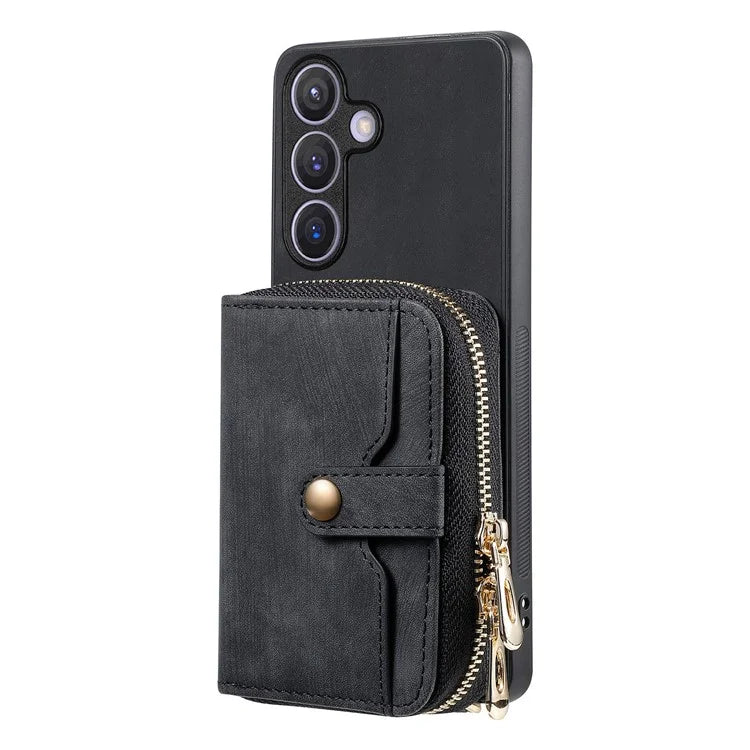 D3 Zipper Pocket Wallet Shell for Samsung Galaxy S24+ PU Leather+PC+TPU Phone Case Retro Cover