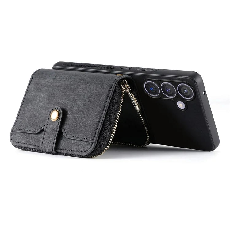 D3 Zipper Pocket Wallet Shell for Samsung Galaxy S24+ PU Leather+PC+TPU Phone Case Retro Cover
